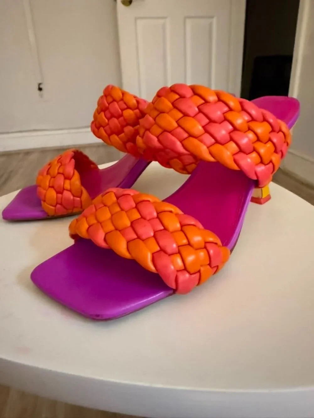 Nine West Braided Square Toe Kitten Heel Mule Sandals Pink Orange Size 7.5